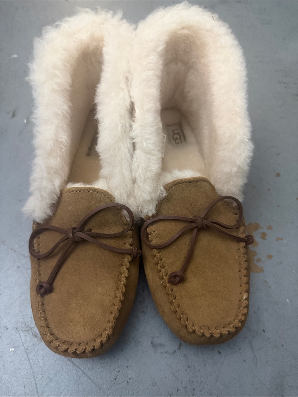 UGG Chestnut Suede Moccasin Slippers with Cream Shearling